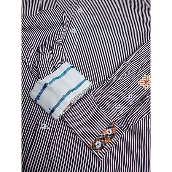 Robert Graham Shirt Mens 2XL Brown Stripe Flip Cuffs Blue Ribbon Long Sleeve - Picture 5 of 13